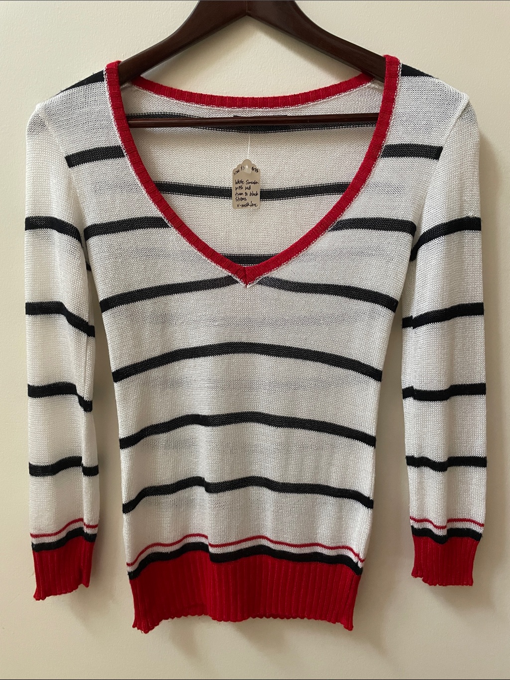 Gregory White And Black Striped V-Neck Sweater With Red Trim Y2k